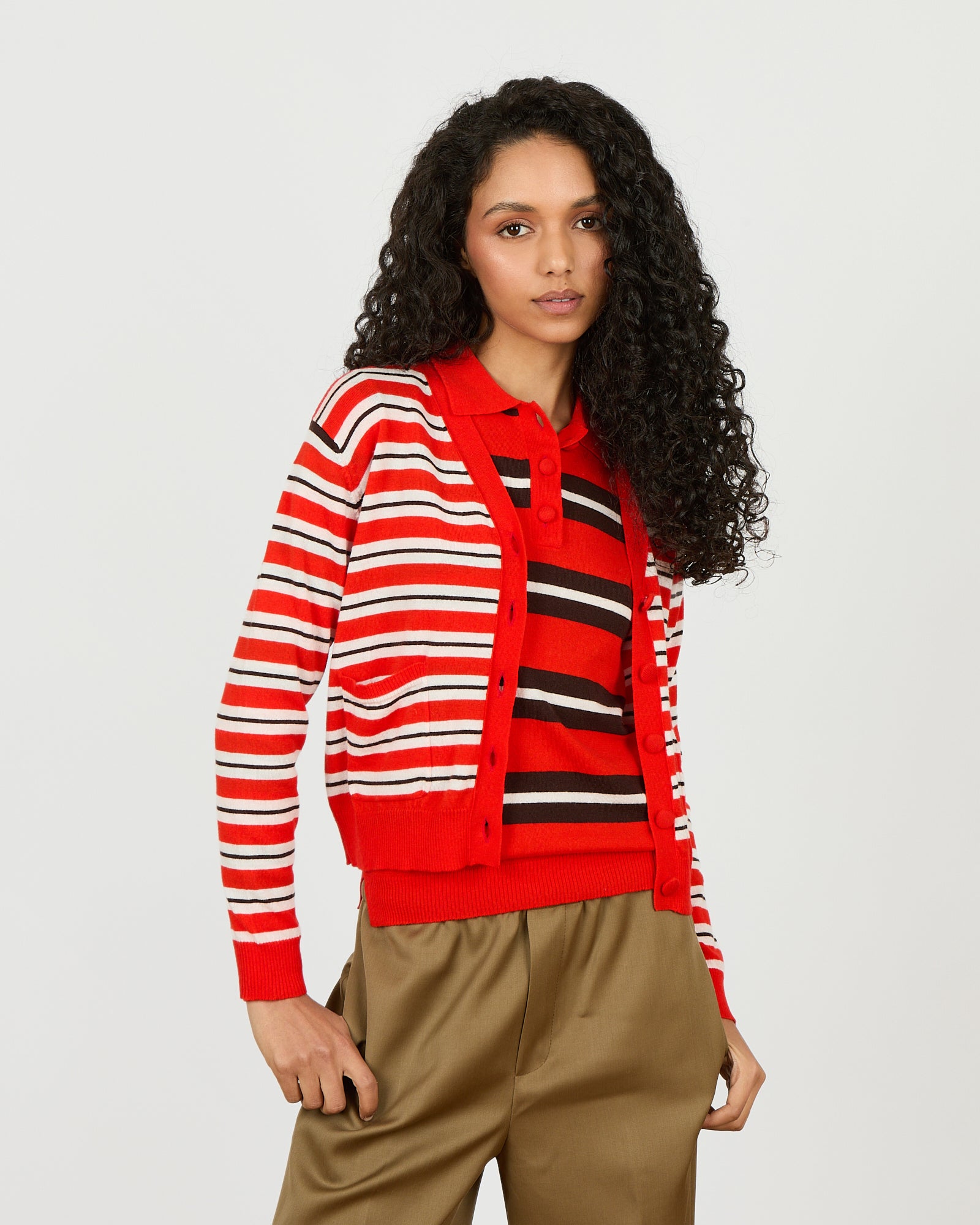 Louise - Cardigan rayé col V en 100% laine vierge  - 1 - Alexandra Golovanoff