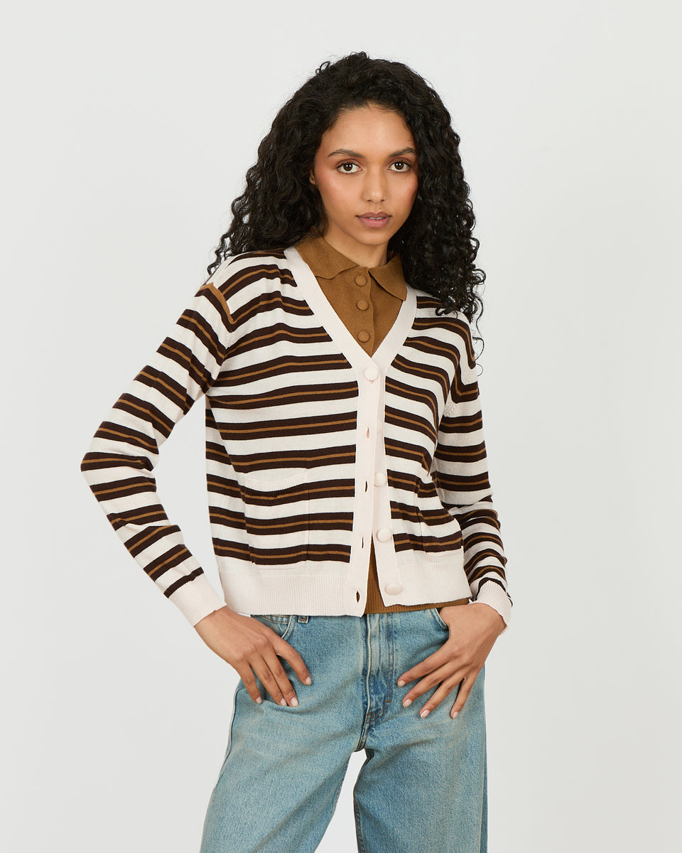 Louise - Cardigan rayé col V en 100% laine vierge  - 1 - Alexandra Golovanoff