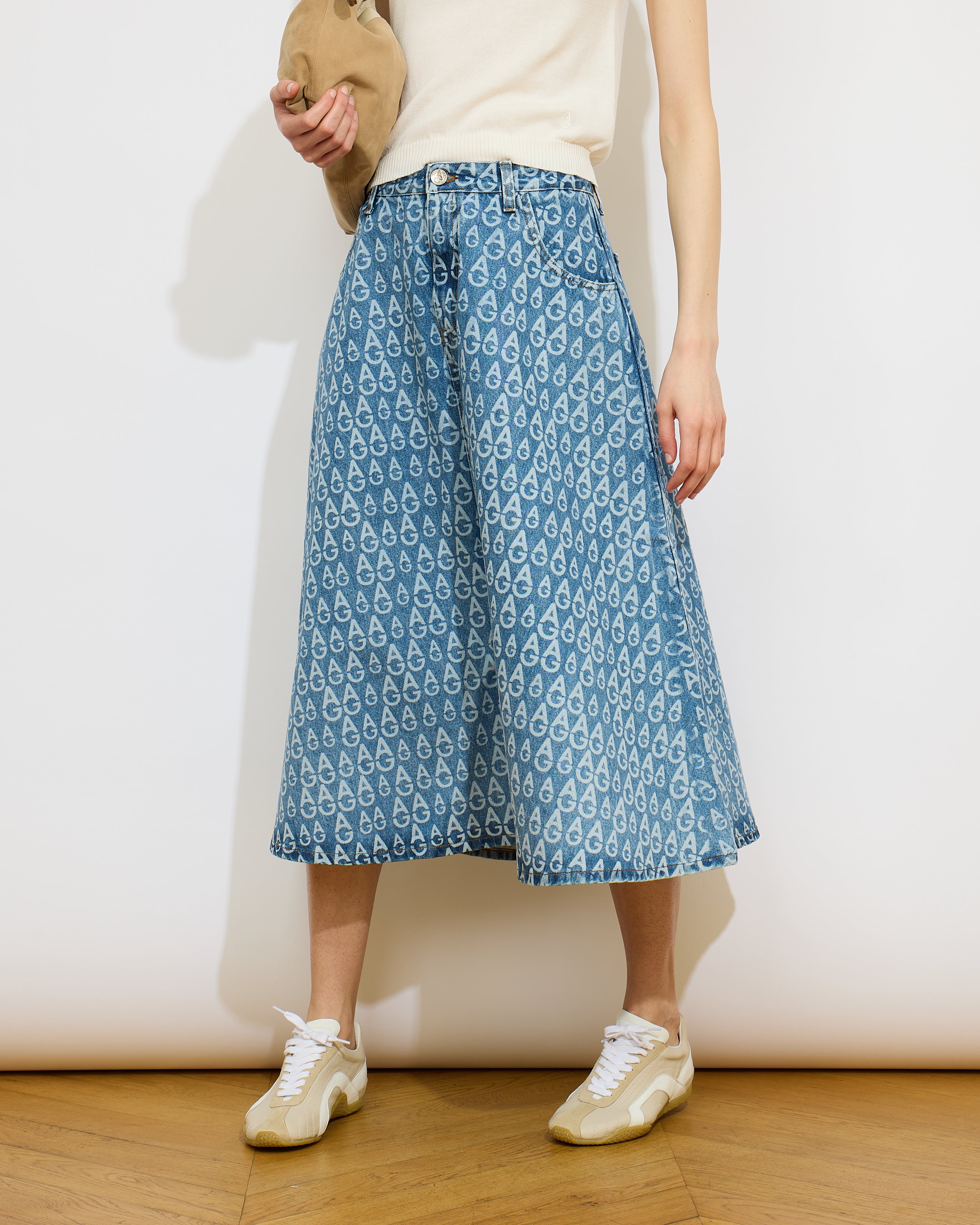 Denim - Jupe denim avec logo AG en impression - 1 - Alexandra Golovanoff