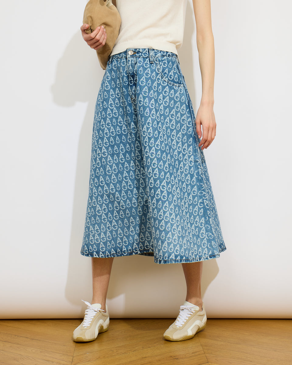 Denim - Jupe denim avec logo AG en impression - 1 - Alexandra Golovanoff